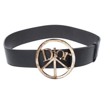 Pre Owned Dior Black Leather Round Logo Buckle Belt 75CM