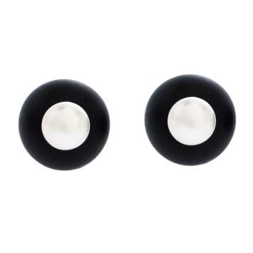 Pre Owned Dior Tribales Black Resin Faux Pearl Silver Tone Stud Earrings
