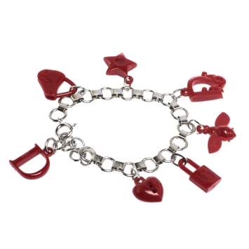 Pre Owned Dior Red Resin Multi Charm Silver Tone Link Bracelet