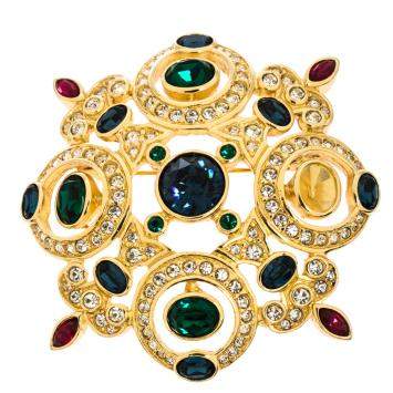 Pre Owned Dior Vintage Multicolor Crystal Gold Tone Pin Brooch