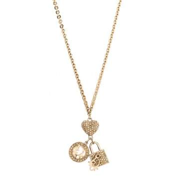 Pre Owned Dior Crystal Multi Charm Gold Tone Long Pendant Necklace