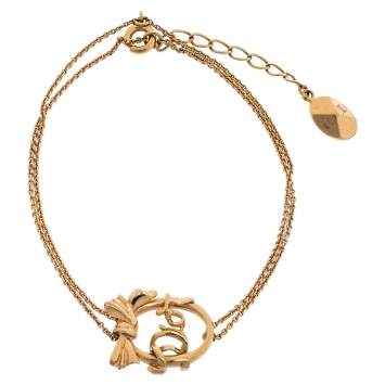 Pre Owned  Dior Bow Monogram Gold Tone Double Chain Bracelet