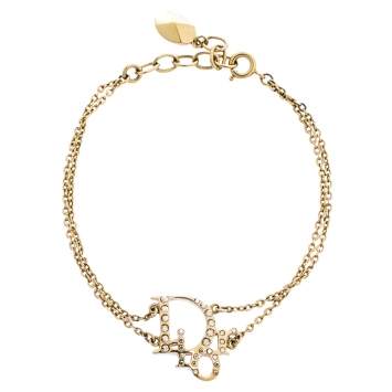 Pre Owned Dior Crystal Oblique Charm Double Chain Bracelet