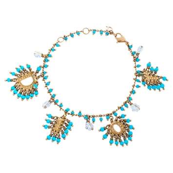 Pre Owned Dior Turquoise Blue Crystal Logo Beaded Bracelet