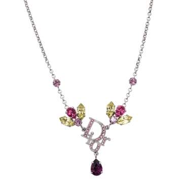 Pre Owned Dior Logo Crystal Embellished Silver Tone Necklace
