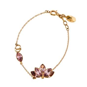 Pre Owned Dior Gold Tone Pink Floral Crystal Bracelet