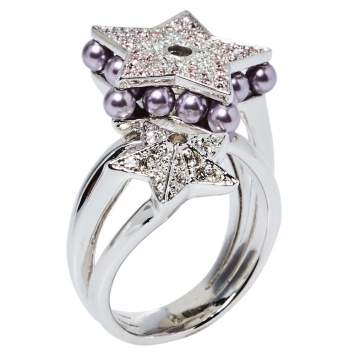 Pre Owned Dior Double Star Crystal and Bead Cocktail Ring Size EU 57