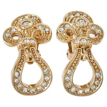 Pre Owned Dior Vintage Crystal Studded Gold Tone Dangle Clip-On Earrings