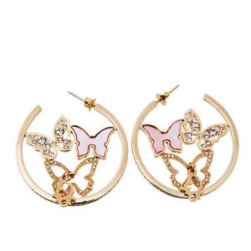 Pre Owned Dior Pink Mother of Pearl Butterfly Crystal Gold Tone Hoop Earrings
