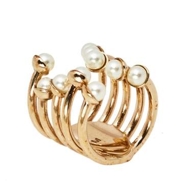 Pre Owned Dior Diorific Faux Pearl Open Cuff Ring M