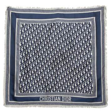 Pre Owned Dior Navy Blue & Beige Oblique Square Silk Scarf