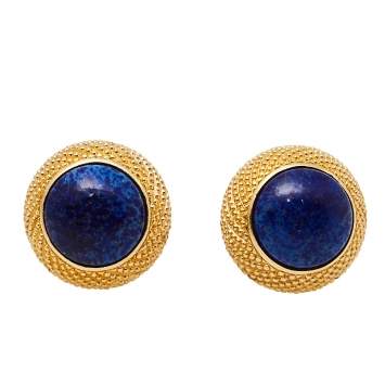 Pre Owned Christian Dior Gold Tone Blue Resin Round Clip On Stud Earrings 