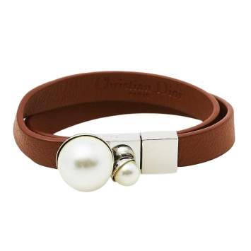 Pre Owned Dior Silver Tone Brown Leather & Faux Pearl Mise en Dior Wrap Bracelet 
