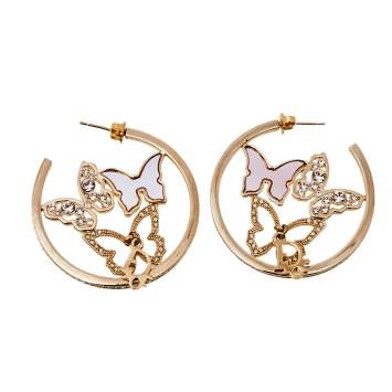 Pre Owned Dior Pink Mother of Pearl Butterfly Crystal Gold Tone Hoop Earrings