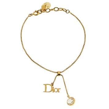Pre Owned Dior Gold Tone Logo & Crystal Charm Bracelet