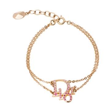 Pre Owned Dior Pink Crystal Oblique Charm Double Chain Bracelet