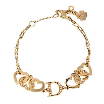Pre Owned Dior Interlocking Heart Crystal Gold Tone Bracelet