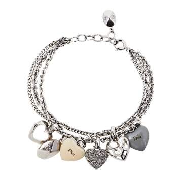 Pre Owned Dior Silver Tone Pop Hearts Crystal Charm Bracelet 