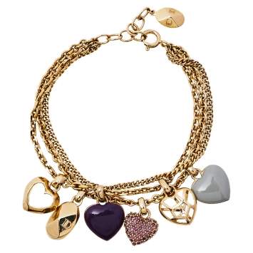 Pre Owned Dior Gold Tone Pop Hearts Crystal Charm Bracelet 