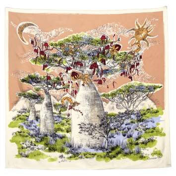 Pre Owned Dior Beige Magical Baobab Printed Square Silk Scarf  