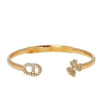 Pre Owned Dior Gold Tone CD Clover Crystals Open Cuff Bracelet