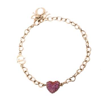 Pre Owned Dior Gold Tone Pink & Red Crystal Studded Heart Charm Bracelet
