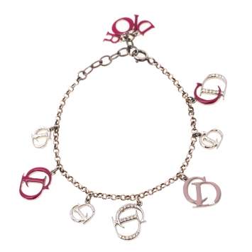 Pre Owned Dior Silver Tone Enamel & Crystal CD Charms Bracelet