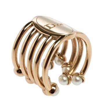 Pre Owned Dior Diorific Faux Pearl Gold Tone Ring Size EU 53