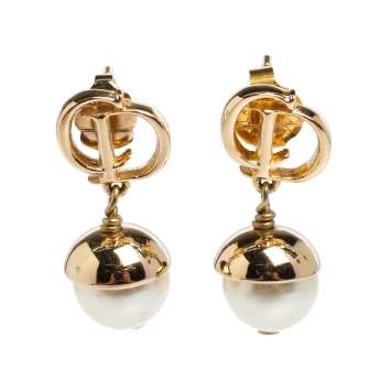 Pre Owned Dior Mise en Dior Faux Pearl Gold Tone Drop Earrings