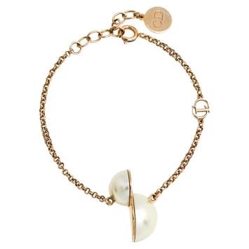 Pre Owned Dior Tribales Half Faux Pearl Gold Tone Bracelet