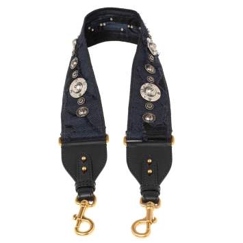 Pre Owned Dior Blue Canvas and Leather Studded Saddle Shoulder Bag Strap