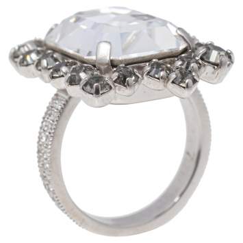 Pre Owned Dior Silver Tone Baguette Crystal Ring Size 54