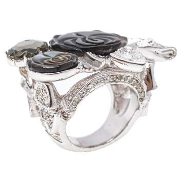 Pre Owned Dior Silver Tone Crystal Bow Detail Cocktail Ring Size 54