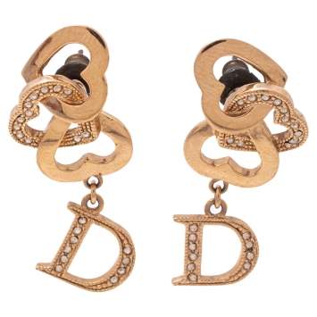 Pre Owned Dior D Heart Gold Tone Crystal Drop Earrings