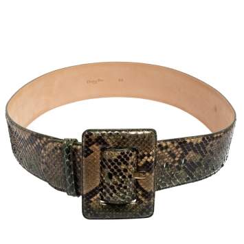 Pre Owned Dior Green/Beige Python Wide Buckle Waist Belt 90CM