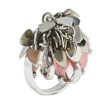Pre Owned Dior Crystal & Resin Logo Heart Charms Ring Size EU 54.5
