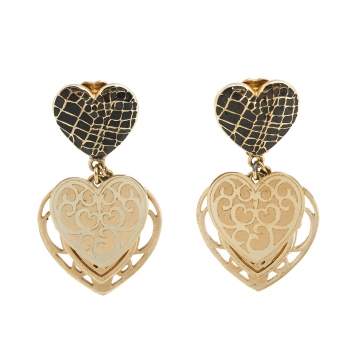 Pre Owned Dior Vintage Gold Tone Enamel Heart Drop Clip On Earrings