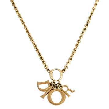 Pre Owned Dior Gold Tone Beige Enamel Logo Charm Necklace