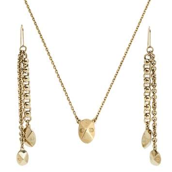 Pre Owned Dior Gold Tone Logo Drop Tasseled Earring and Necklace Set