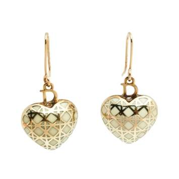 Pre Owned Dior Gold Tone Enamel Cannage Heart Drop Earrings