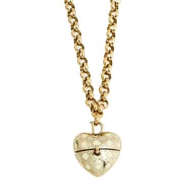 Pre Owned Dior Gold Tone Enamel Cannage Heart Locket Charm Necklace