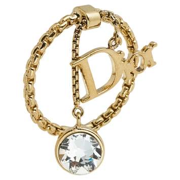 Pre Owned Dior Gold Tone Crystal & Logo Charms Ring Size EU 53