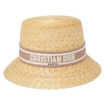 Pre Owned Christian Dior Dioresort Straw Logo Band Detail Small Brim Hat (57)