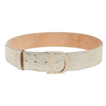 Pre Owned Dior Gold Monogram Foil Leather D Buckle Belt 80CM