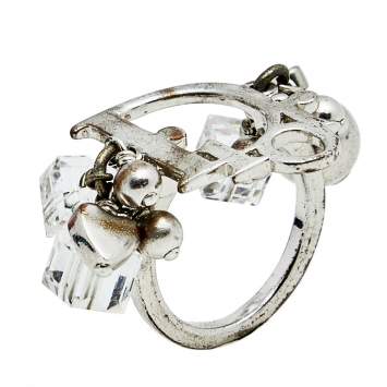 Pre Owned Dior Vintage Silver Monogram Heart & Bead Charms Ring Size EU 51