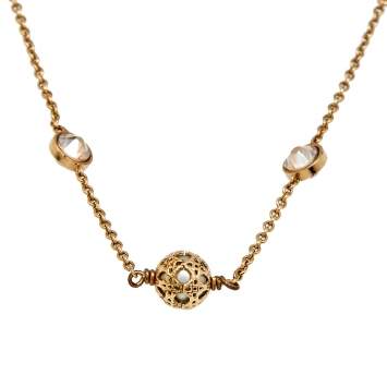 Pre Owned Dior Cannage Faux Pearl Crystal Gold Tone Station Necklace
