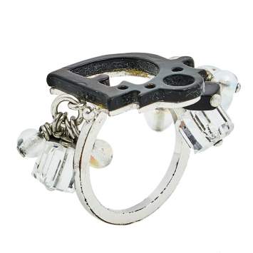Pre Owned Dior Grey/Silver Resin And Faux Crystal Logo Charm Ring Size EU 54