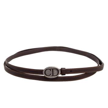 Pre Owned Dior Dark Brown Leather CD Logo Double Waist Belt 90CM