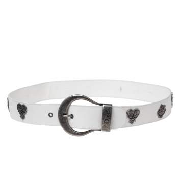 Pre Owned Dior White Leather Gaucho Embellished Buckle Belt 95CM