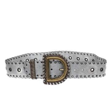 Pre Owned Dior Grey Leather Whipstitch D Buckle Belt 90CM